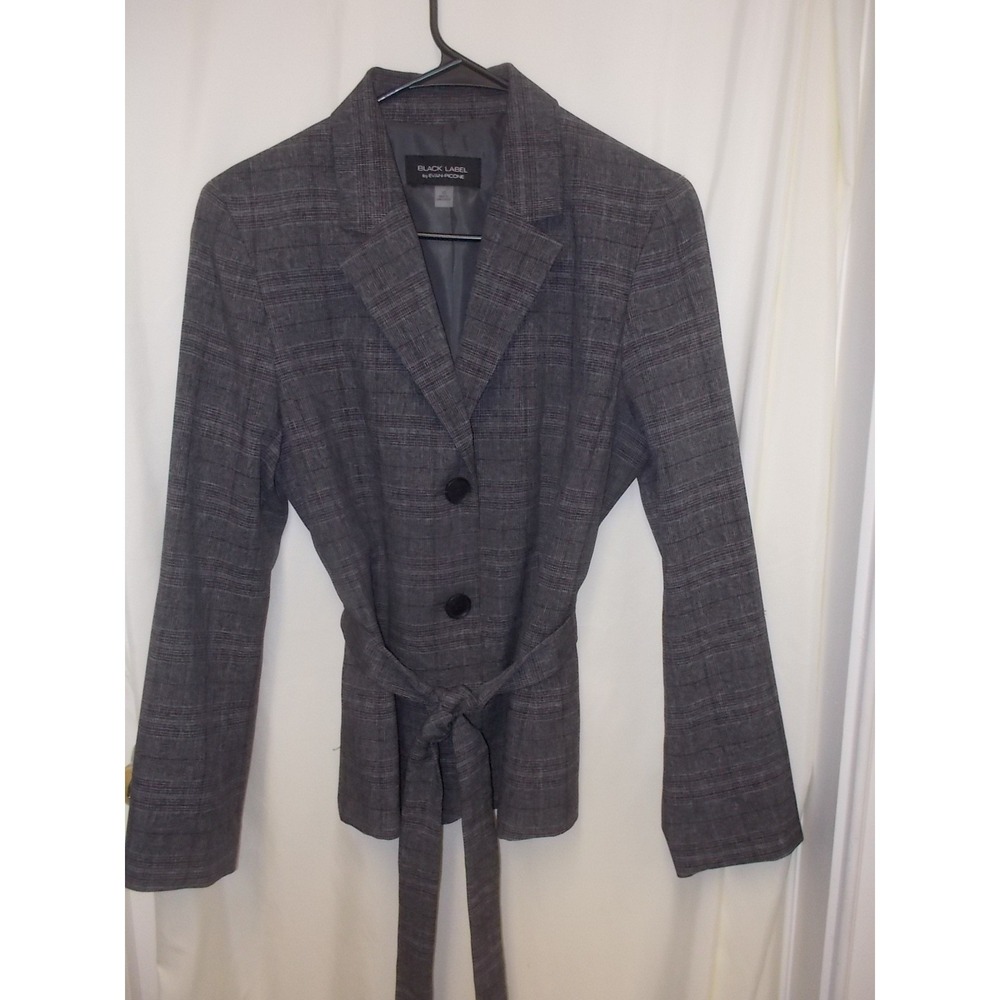 Black Label by Evan Picone Gray Plaid Belted Blazer Jacket Womens Size 10